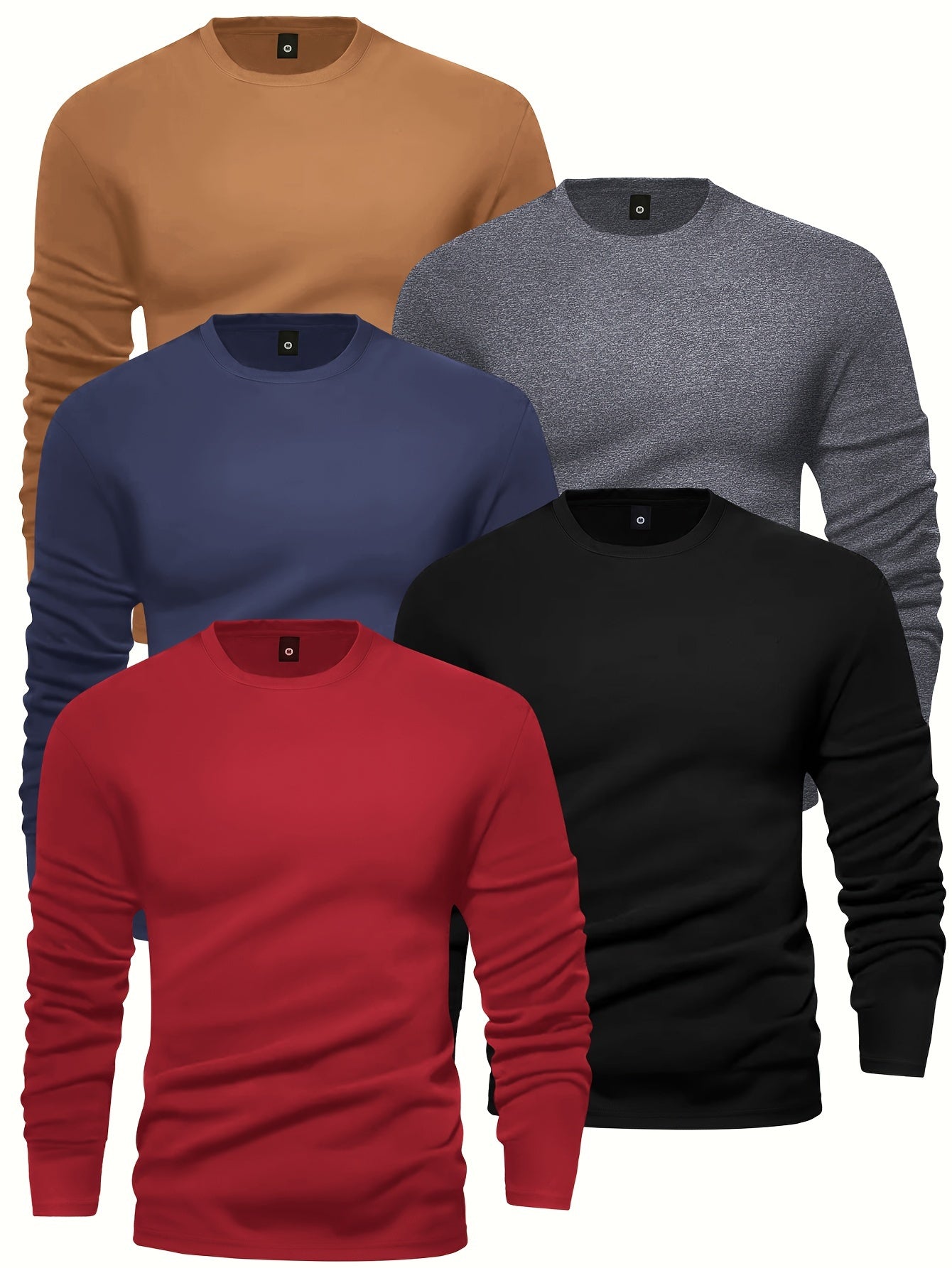 [5pcs Men's T-Shirts] 5pcs Men's Long Sleeve Round Neck T-Shirts - Solid Color Base Layer Layering Shirts, Casual & Athletic Wear, Durable Machine-Washable Tops for Jogging, Gym, Everyday Use - Bulk Pack Value (5)