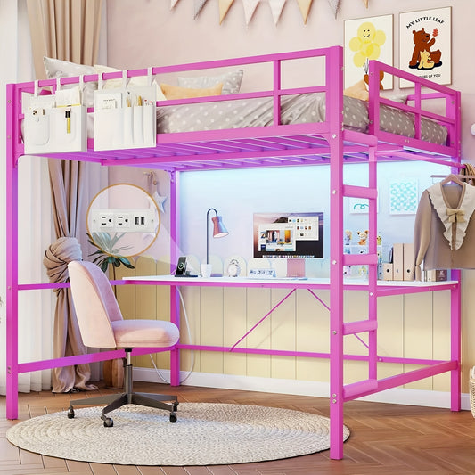 Pink Metal Loft Bed Frame - Full Size Loft Bed With LED Lights&Charging Station For Bedroom, Desk&Storage Bags, No Box Spring Needed