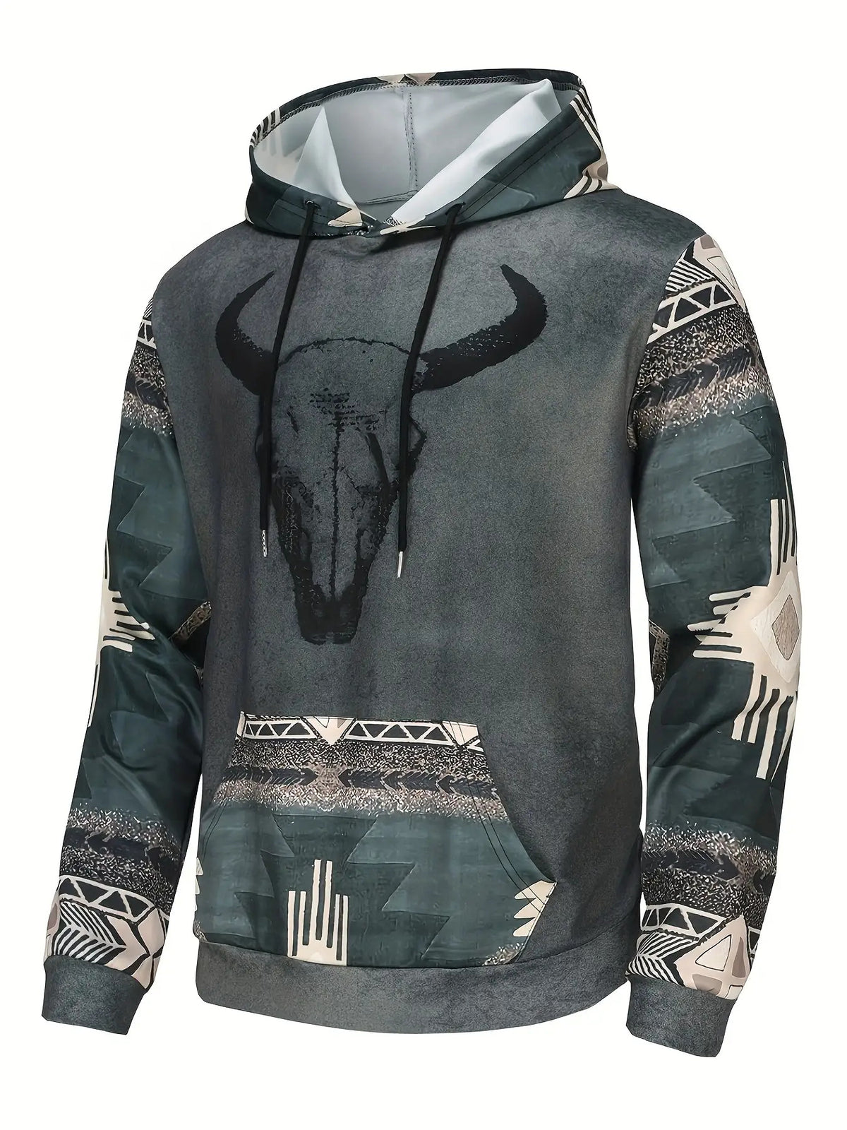 Men'S Retro 3D Digital Print Hoodie with Bull Skull & Tribal Geometric Pattern - Stretch Fabric, Kangaroo Pocket, Machine Washable, Regular Fit Pullover Sweatshirt for Autumn Winter Casual Streetwear - Native American-Inspire