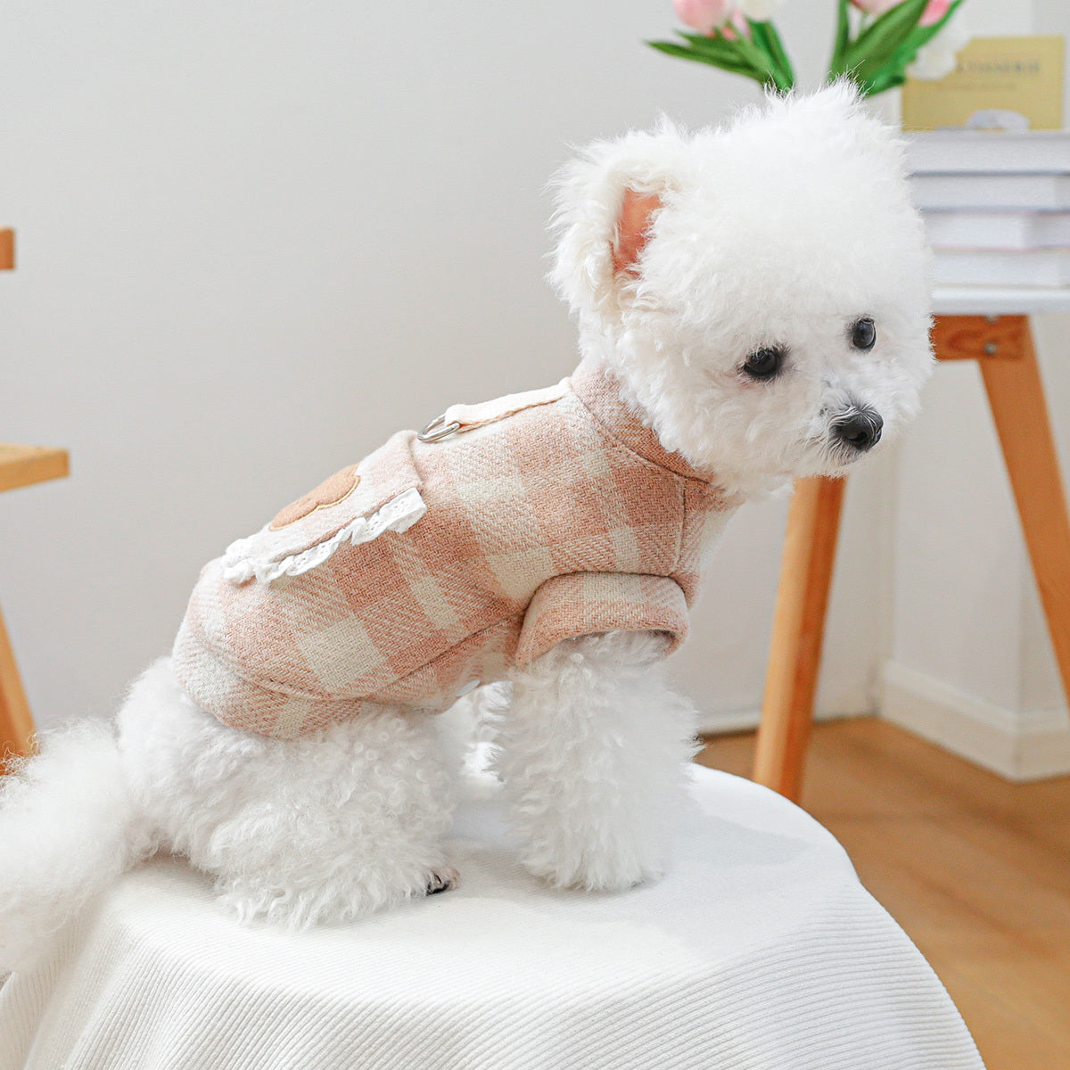 Pink Plaid Dog Jacket with Teddy Bear Buttons & Lace Trim - Soft Warm Winter Coat Suitable for Small Pomeranians, Chihuahuas, Shih Tzus, Poodles - Snap-On/Pullover Pet Sweater for Puppies & Small Dogs (Zipper or Button Closur
