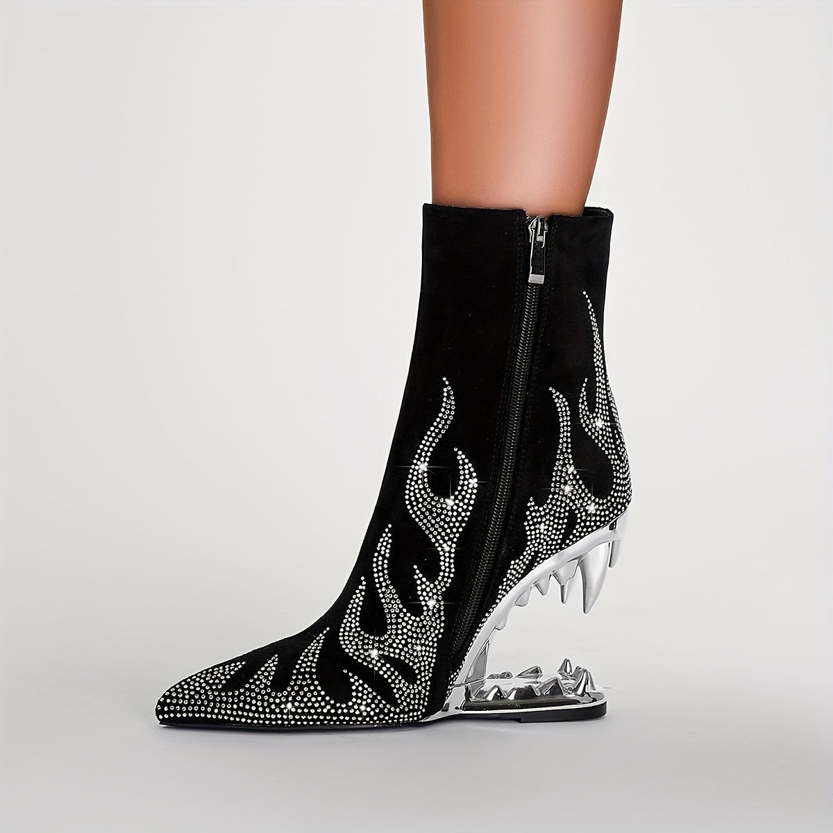 Women's Rhinestone Novelty Teeth Sculptural Heeled, Glitter Flame Short Slim Boots, Dance Party Boots