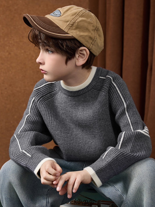 ASK JUNIOR Boys' Winter Sweater - Classic Side Stripe Color Block, Long Sleeve Round Neck Pullover, Soft Knit Sweater for School, Christmas, Winter Sweater, School Outfit, Casual Style, Durable Knitwear, Holiday Outfit, Cozy