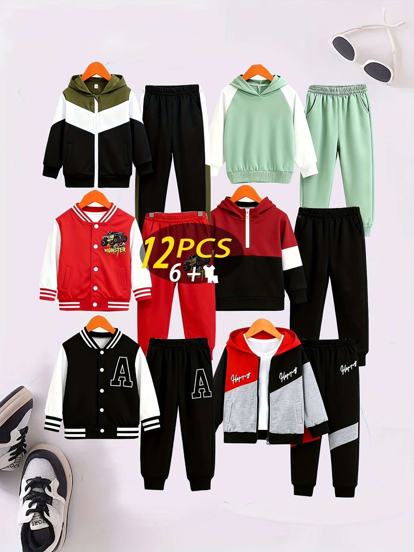 12pcs - Targeted Development New Year's Gift Autumn/Winter New Style Boys' Fashion Long Sleeved Pants Set Pattern Baseball Jacket Splicing Cool Printed Sports And Leisure Outdoor Set, Perfect for Outdoor
