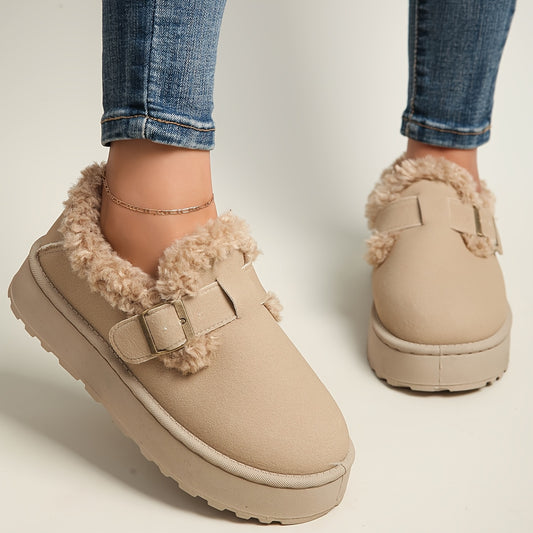 Women's Beige Mocha Slip On Winter Boots Plush Faux Fur Lined Ankle Boots with Adjustable Strap Comfort Footwear Indoor Outdoor House Shoes Non Slip Sole