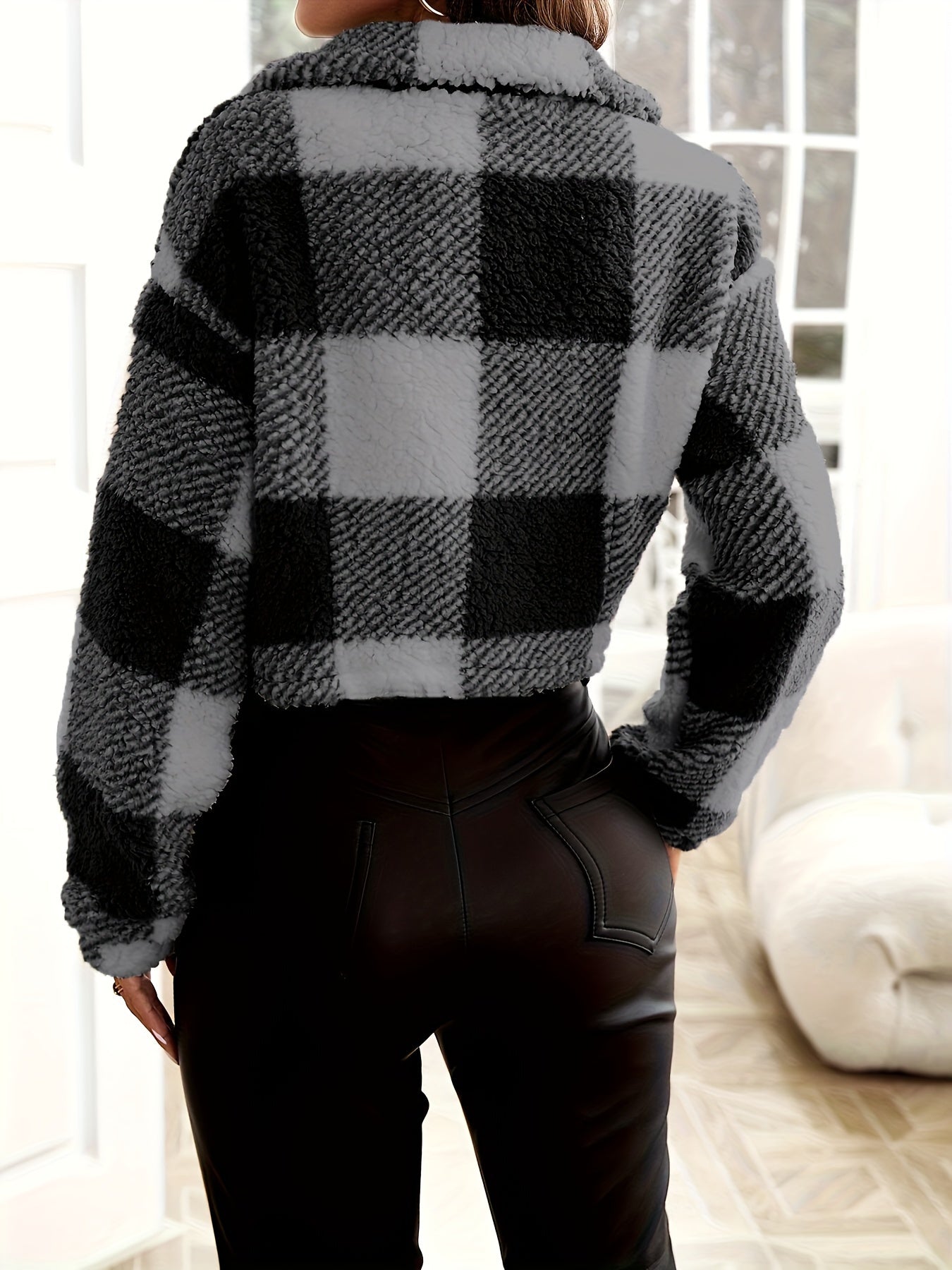 Long Sleeve Plaid Drop Shoulder Zipper Teddy Jacket, Versatile Stand Collar Warm Outwear For Fall & Winter, Women's Clothing