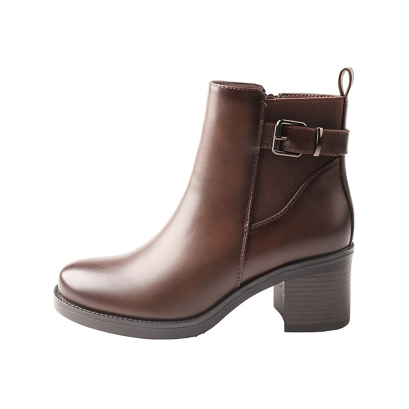 TMA EYES Women’s Chunky Heel Ankle Boots with Buckle Strap & Side Zipper - Stylish Brown Faux Cover Booties for Casual Wear, Mid-Height Design, Round Toe, All-Season Comfort, Comfortable Walking | Round Toe Booties | Polish