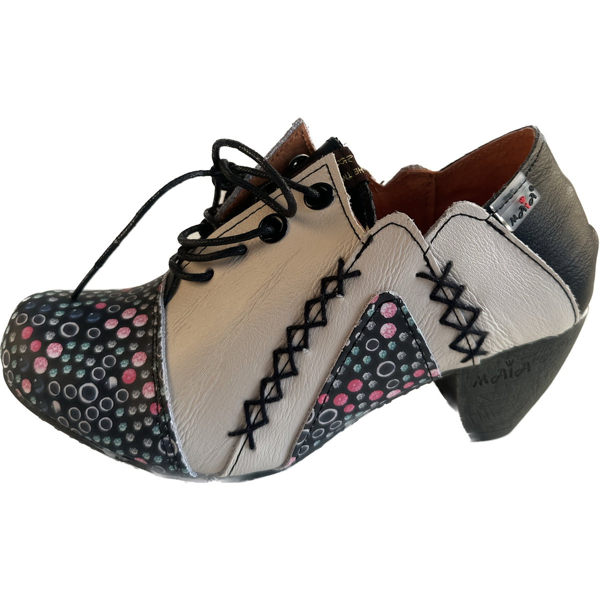 TMA EYES Women'S Handmade-Stitched Genuine Top-Grain Cover Ankle Boots - Spring Fashion Polka Dot Print (Pink/Black/White) with Non-Slip TPR Sole, Lace-Up Closure & Mid-Heel - Casual to Semi-Formal Versatile Booties for Every