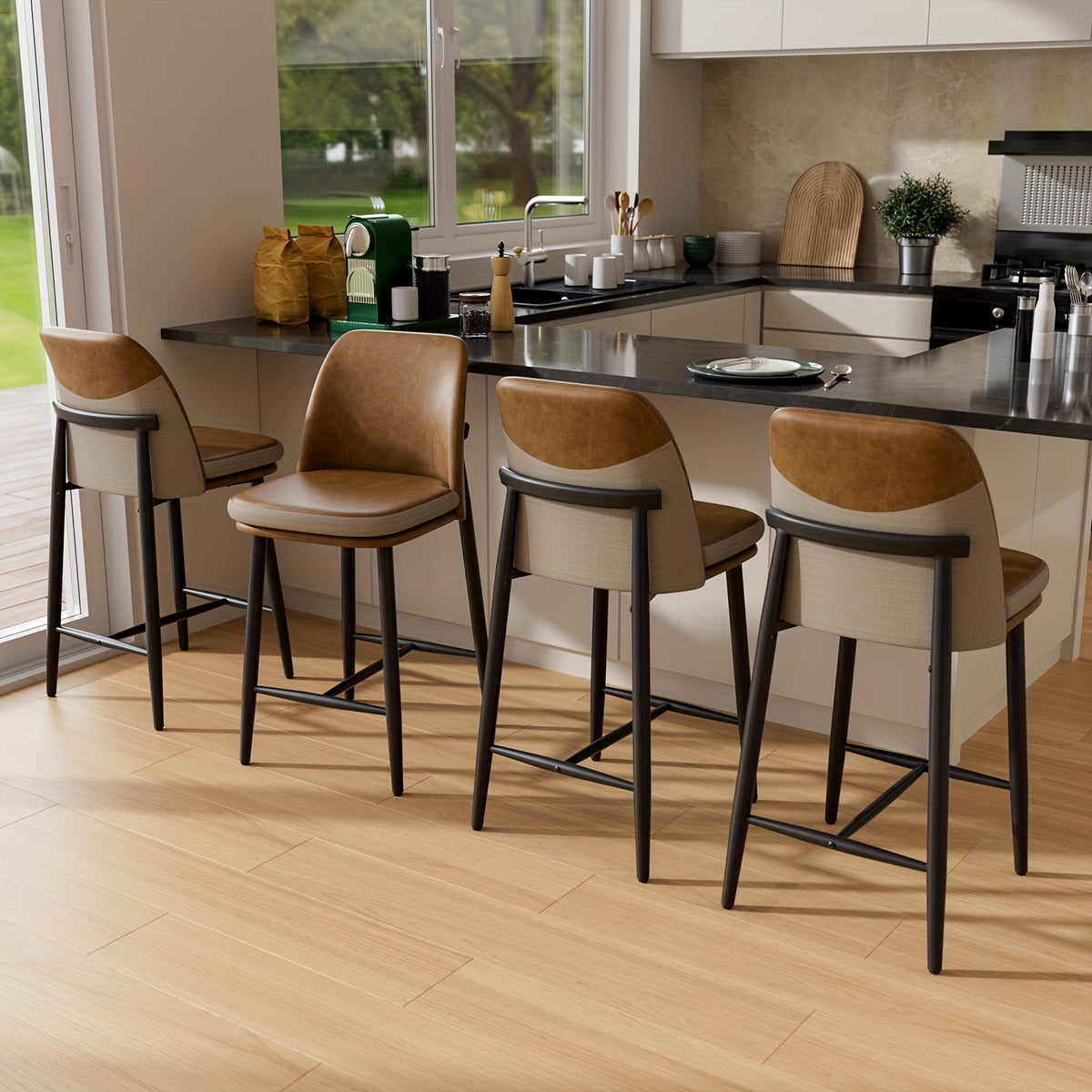 Set of 4 Modern Counter Height Bar Stools with Backrests - 26 Inch Faux Leather & Fabric Upholstered Seats, Sturdy Metal Legs & Cushioned Backs, Contemporary Square Design Kitchen Island & Dining Room Chairs, Easy-Clean Surfa