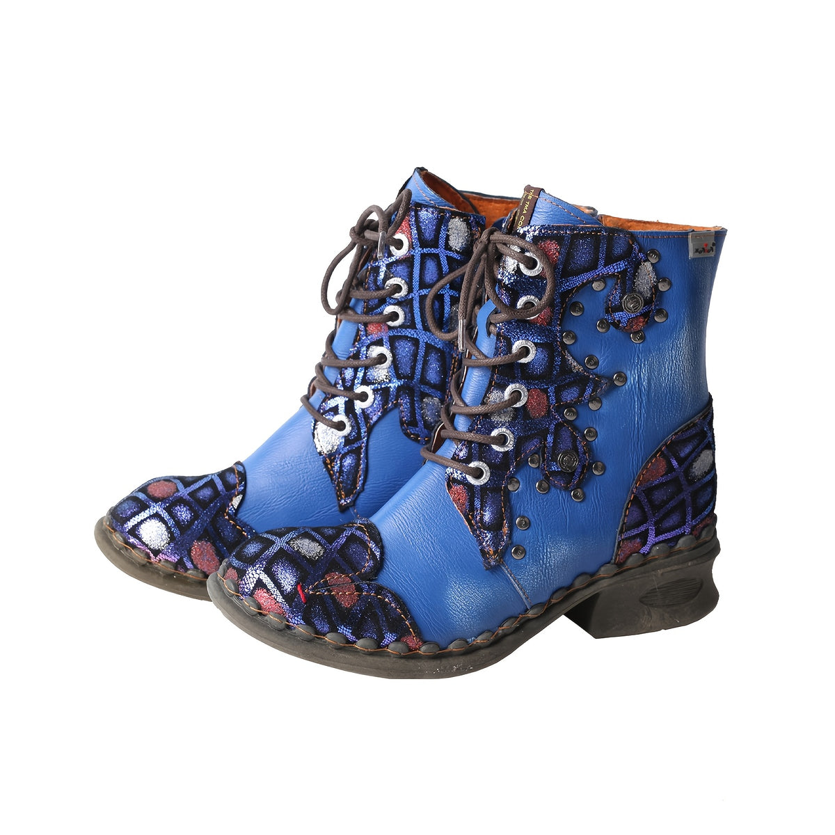 TMA EYES Women'S Western Style Low Heel Ankle Boots with Lace-Up Closure, Round Toe & Flat Sole - Genuine Leather Upper, TPR Sole, Black with Red & White Patchwork Design for Casual & Travel, Cowgirl Boots
