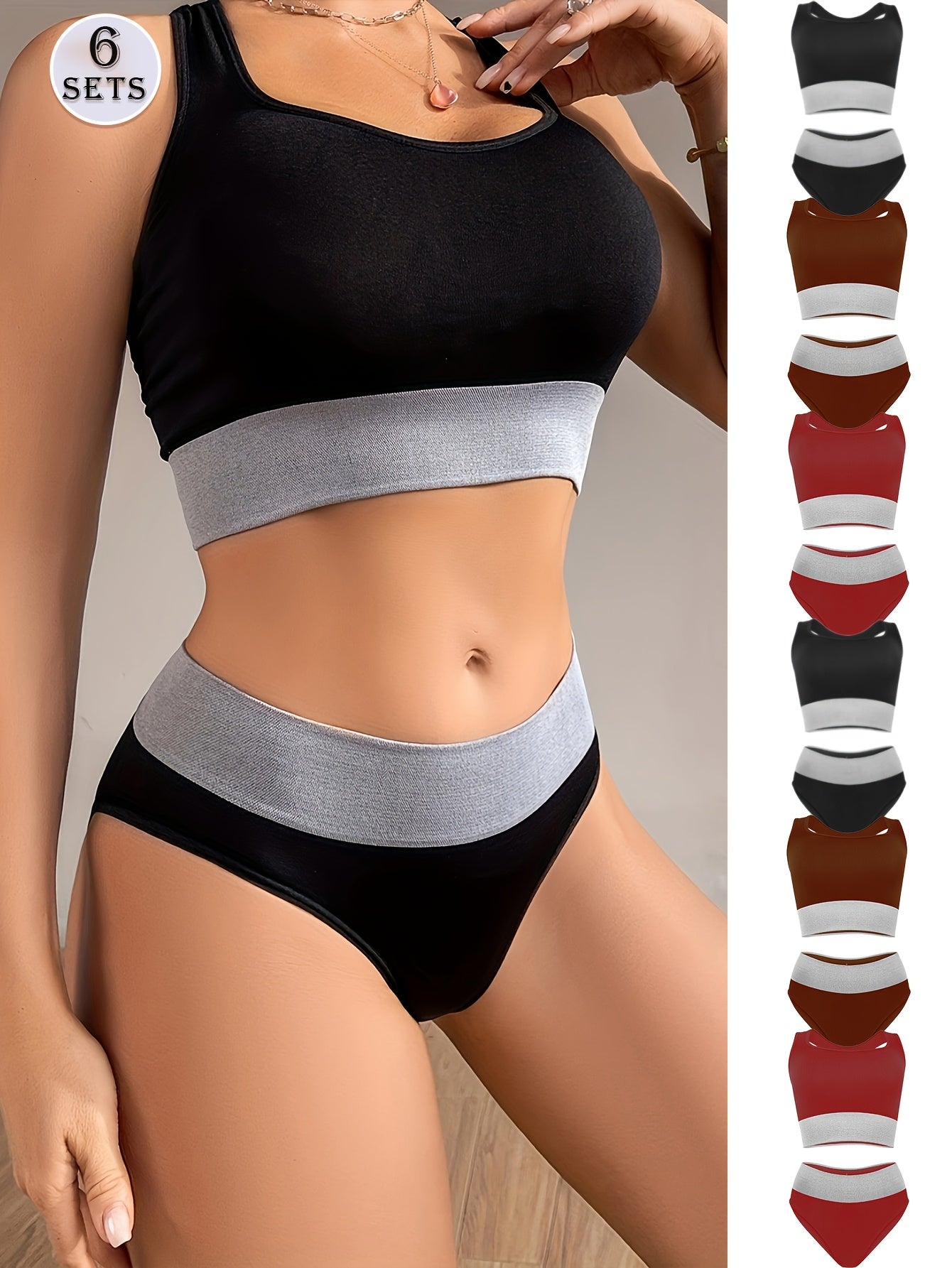 6pcs Ladies Sexy Solid Colour Comfort Bra Set, Mixed 3 Colours Fashion Clash Soft Breathable Bra Set, Wireless Push Up & Lifting Sports Bra & Low Waist Hip Wrap Panties, Suitable For Daily And Sports Wear