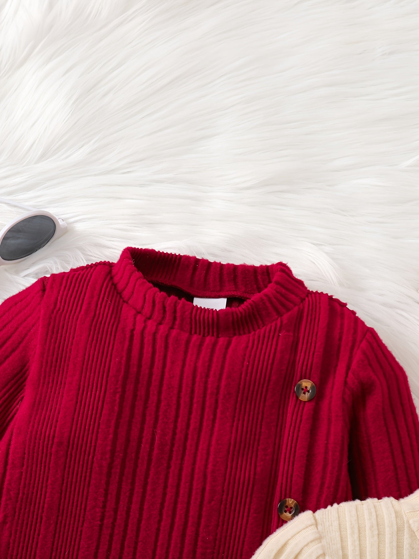 Girls' Casual Knit Two-Piece Dress with High Neck, Ruffled Hem and Button Decor - Knee-Length, Long Sleeve, and Burgundy Set - Perfect for Home, Outdoor, and Parties - Spring/Fall Seasonal Wear, Cute Dresses