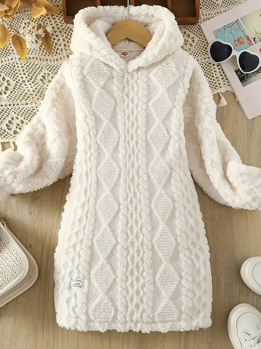 Girls' Elegant Solid Color Hooded Dress with Long Sleeves - Warm Winter Party Dress, Machine Washable Winter Wedding Guest Dress, Christmas Recital Outfit for Events, Cozy Regular Fit Dress for ( to Teen) - Easy Care & Year-R
