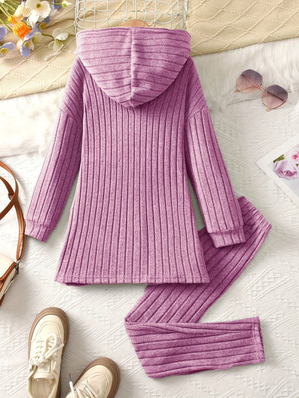 Girls' 2pcs Set, Long Brushed Solid Color Patch Hoodie Pullover and Elastic Waist Leggings, Girls' Autumn Winter Casual Set, Perfect for Outdoor