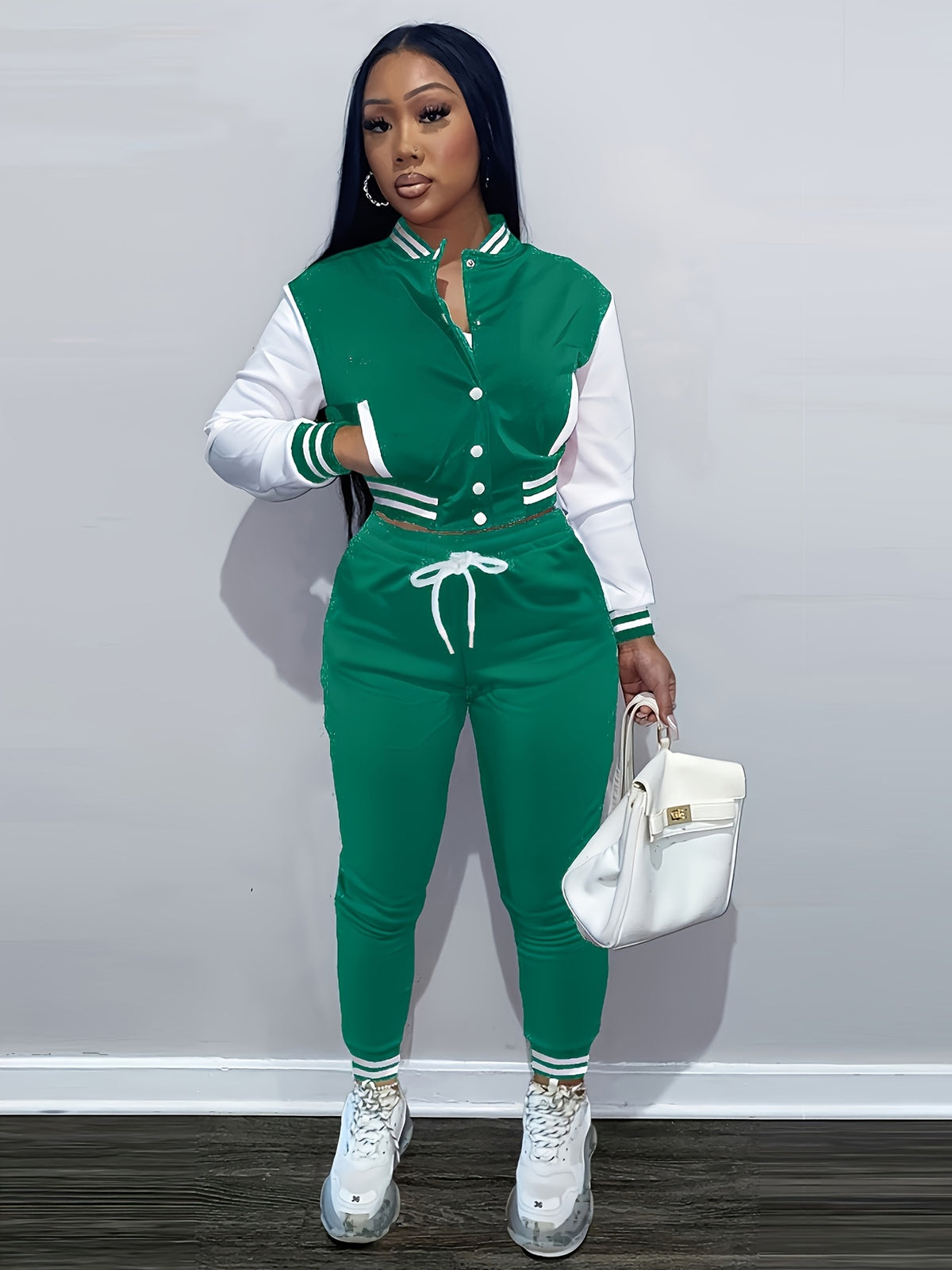 European And Trendy Women'S Patchwork Jacket with Single-Breasted Baseball Suit, a Two-Piece Outfit