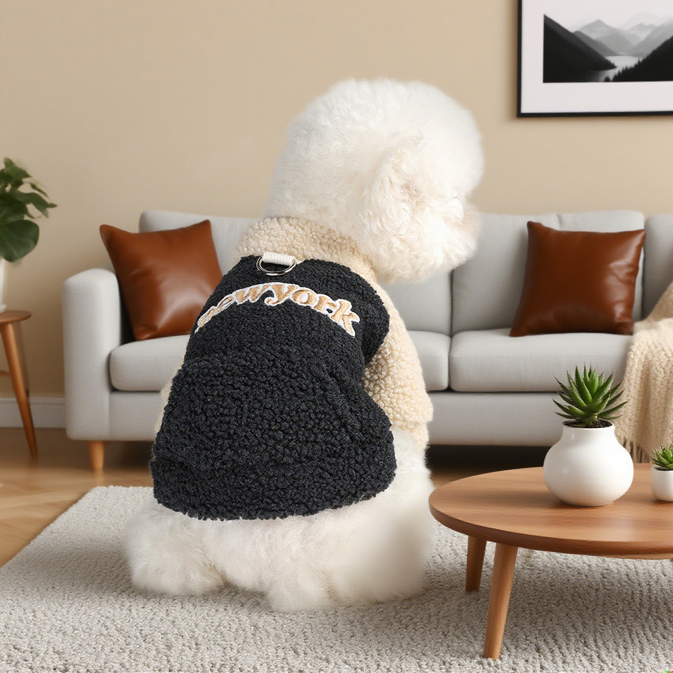 New York-Themed Plush Fleece Pullover Sweater Jacket for Small Dogs & Cats - Thick Winter Warm Coat with Fluffy Ball Collar & Snap Closure, All-Season Pet Clothing for Pomeranian, Chihuahua, Shih Tzu - Hand Wash Only, Cozy Fl