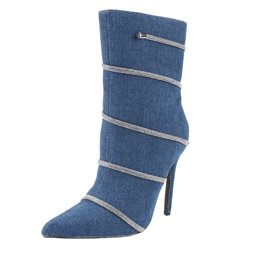 Crystal-Studded Heel Pointy Ankle Boots for Women