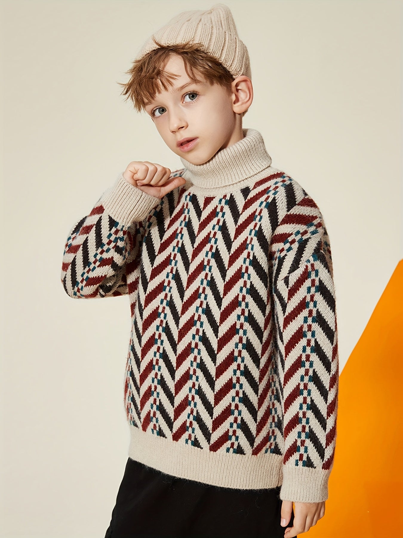 ASK JUNIOR Boys' Winter Warm Sweater - Thickened Knit Sweater with Color Block Design, Long Sleeve Round Neck Pullover for Boys, Cozy Winter Sweater for School, And Casual Wear, Winter Sweater, School Outfit, Classic Knitwear