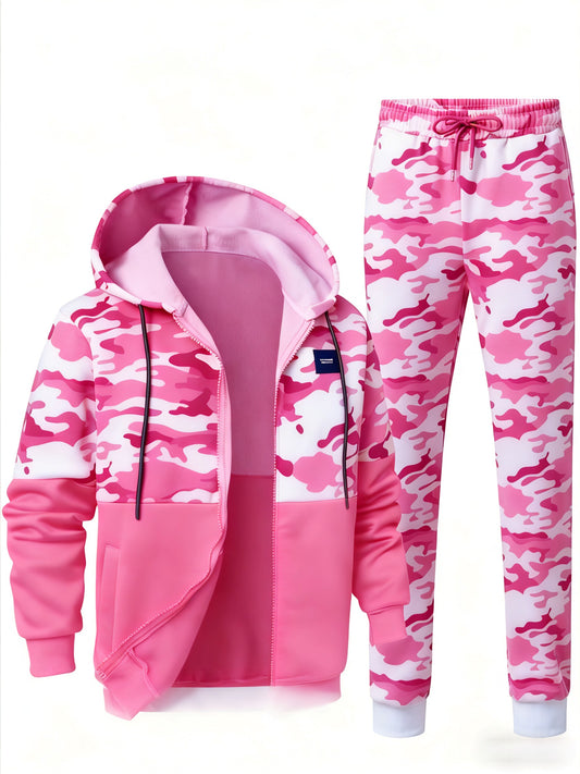 Zip Up Hoodie and Pants Set Women's Fashion Fall Winter Street Style Cozy Casual Trendy Pink Camo Pattern Outfit with Drawstring Hood Long Sleeve Elastic Waist Sweatshirt Joggers Women Sportswear Casual Wear