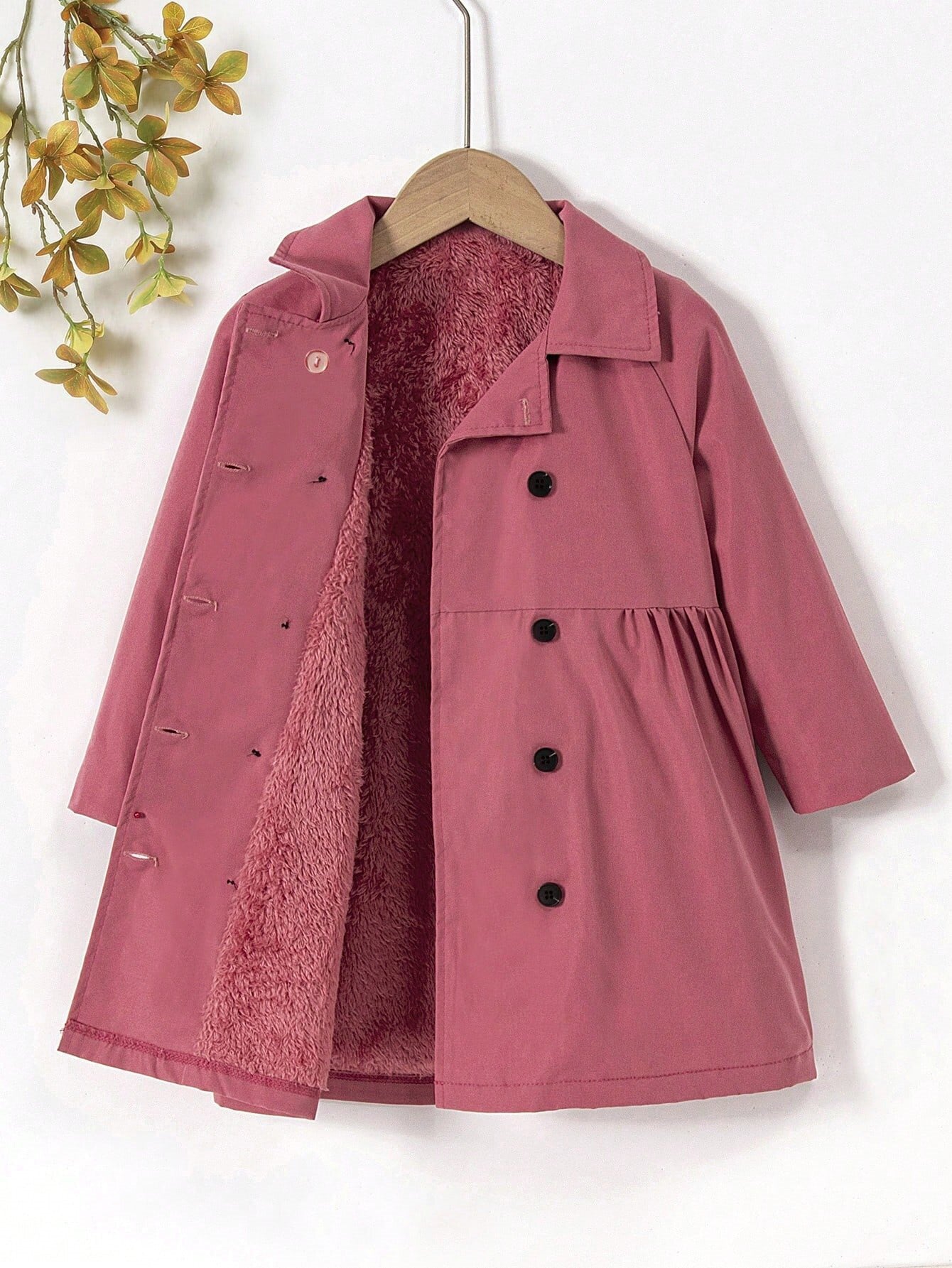 Girls' Cozy Fleece-Lined Double-Breasted Jacket - Solid Color Long Sleeve Casual Coat with Lapel Collar, Button Front & Side Pockets for Fall/Winter Outdoor Play, Hiking & Casual Attire, Hiking Apparel, Durable Outerwear, Gir