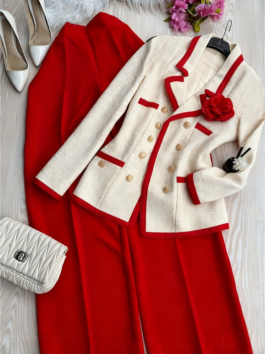 White Tweed Blazer with Red Trim and Floral Embellishments + Red Trouser Suit for Women | Vintage Elegance & Festive Style, Featuring Exquisite Accessories. Suitable for Formal Social Events, Retro Parties, and Glamorous Occa