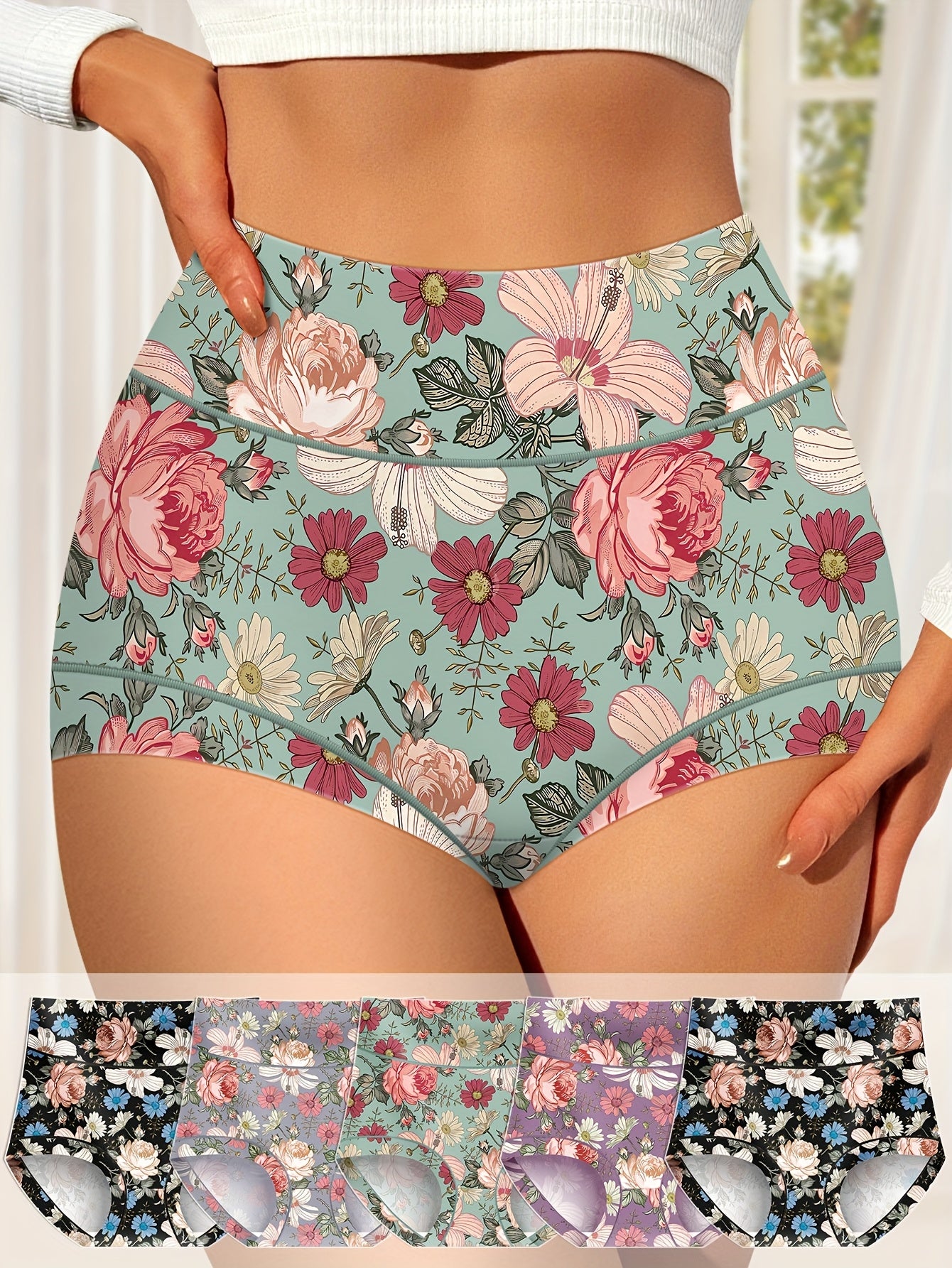 [5-Pack MIOTAN Underwear] MIOTAN 5-Pack Women's High-Waisted Underwear | Tummy Control, Butt Lift, Floral Print, Soft Breathable Triangle Briefs | Elegant, Durable, Stylish Lingerie, Lightweight Material, Comfort Seekers
