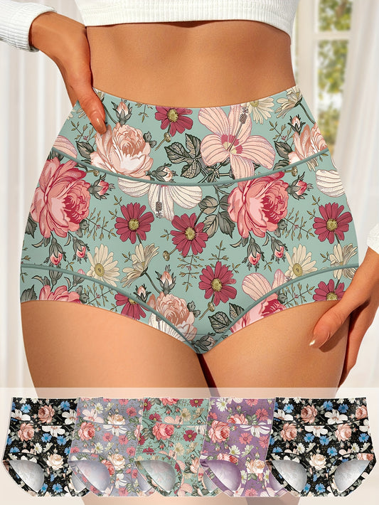 [5-Pack MIOTAN Underwear] MIOTAN 5-Pack Women's High-Waisted Underwear | Tummy Control, Butt Lift, Floral Print, Soft Breathable Triangle Briefs | Elegant, Durable, Stylish Lingerie, Lightweight Material, Comfort Seekers