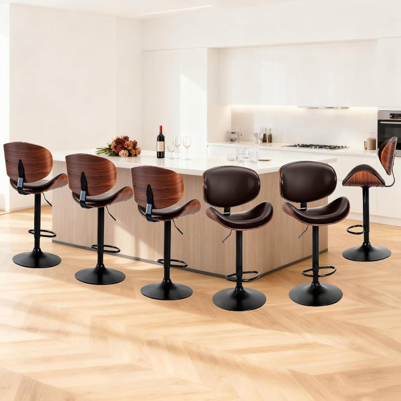 Bar Stool Set (2-Piece/4-Piece/6-Piece), Adjustable Bar Height, PU Leather-Covered Seat, Ergonomic Backrest and Footrest, Non-Slip Rubber Base, Suitable for Bars and Home Kitchen Islands, Black