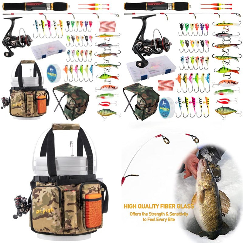 Dr.Fish 40-Pieces Ice Fishing Rod and Reel Combo with 5 Gallon Bucket Tool Organizer for Ice Fishing Gear