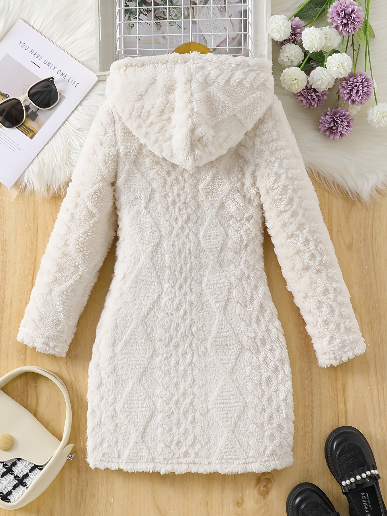 Girls' Elegant Solid Color Hooded Dress with Long Sleeves - Warm Winter Party Dress, Machine Washable Winter Wedding Guest Dress, Christmas Recital Outfit for Events, Cozy Regular Fit Dress for ( to Teen) - Easy Care & Year-R