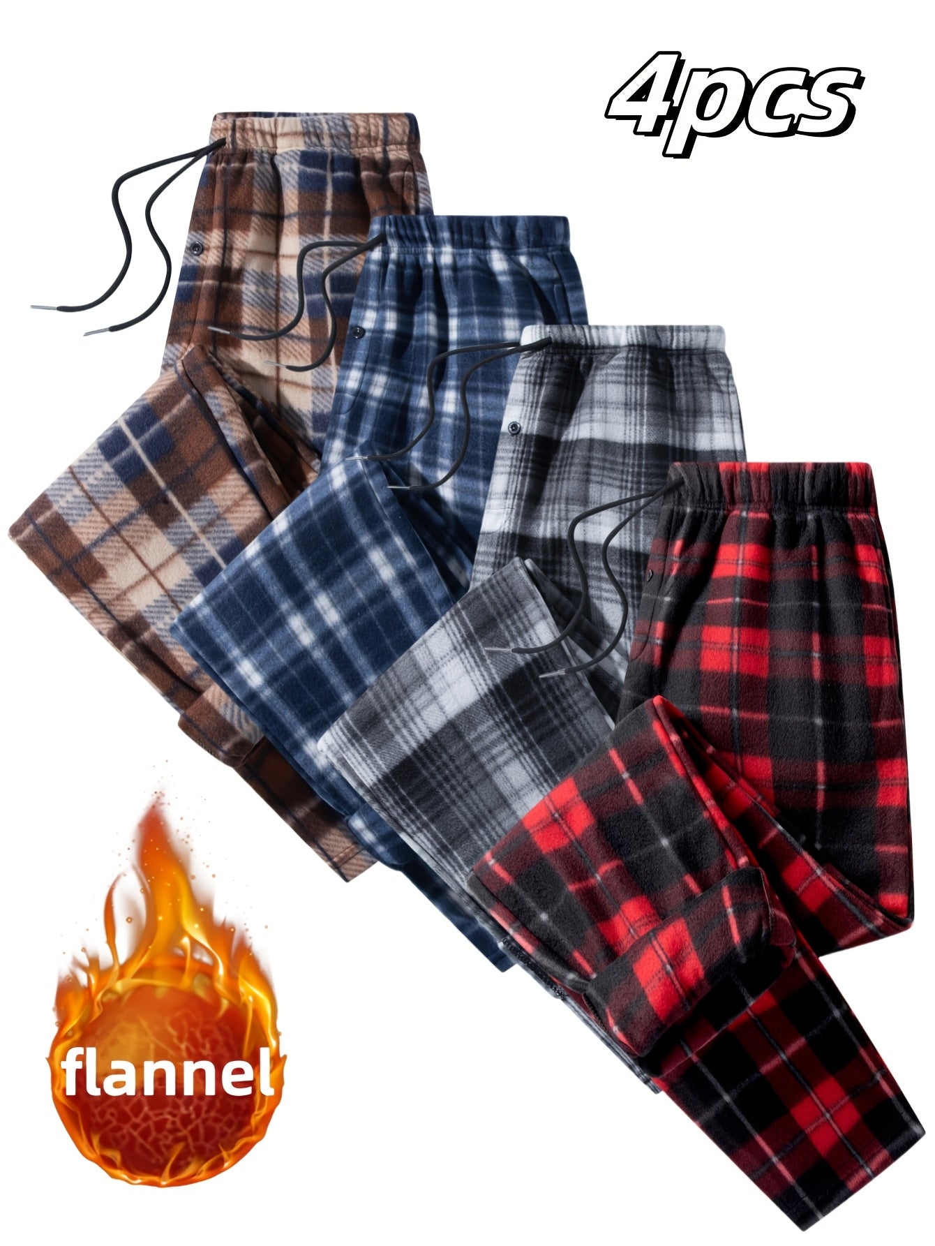 [4pcs Fleece Plaid Pants] 4pcs Set of Double-Sided Brushed Fleece Flannel Plaid Pants, Plaid Print Casual Sports Pants, Men's Outdoor Casual Sports Wear, Versatile Style, Details Elastic Band Plus 2 Insert Pockets