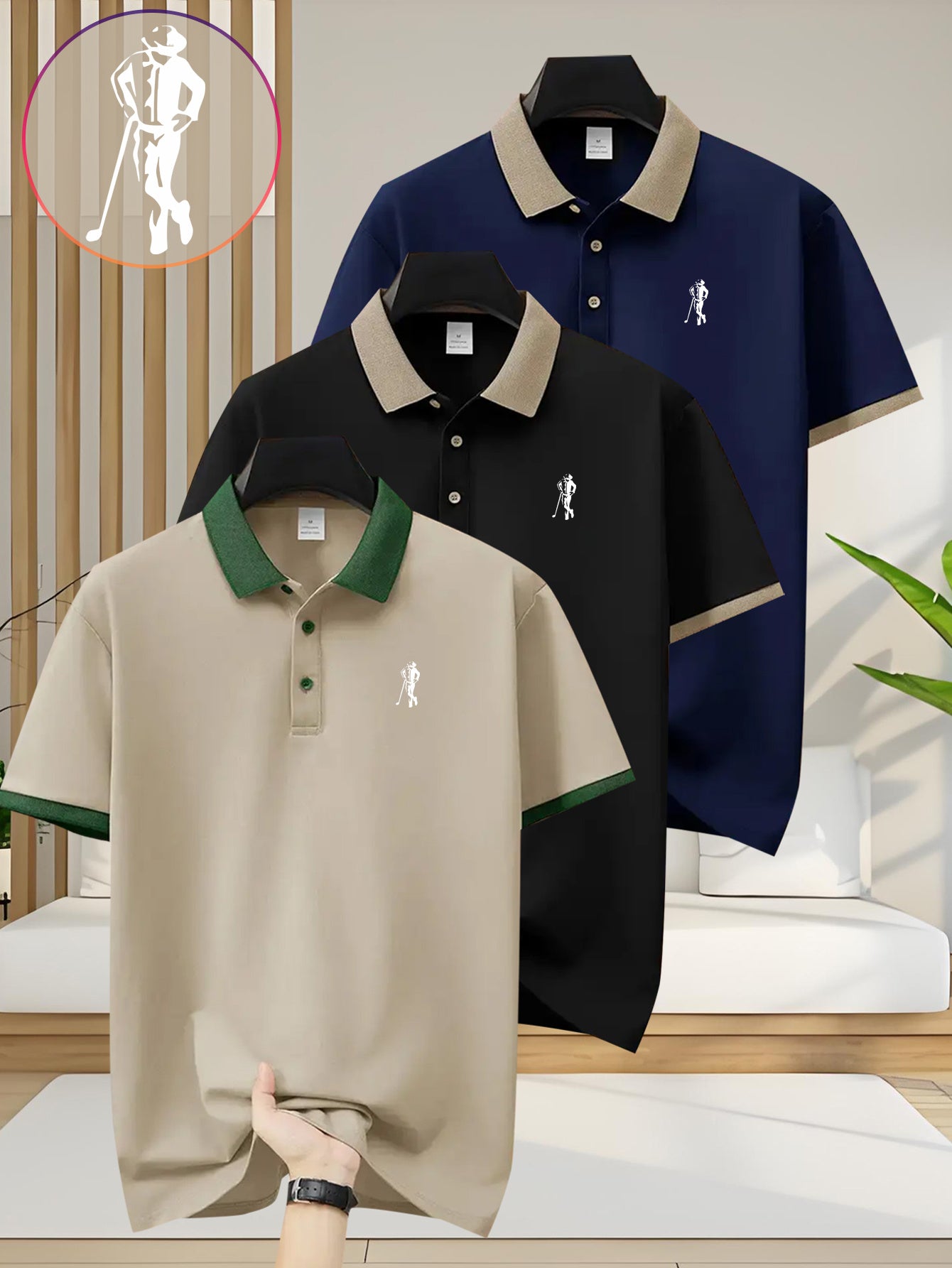 [Ideal Christmas Gift] A Trendy Three-Piece Set of Men's Polo Shirts, Perfect for Casual Wear And Golf, Featuring Print Patterns, a Collared Design, Short Sleeves, Buttoned Neck, And Breathable Fabric, Making It an Ideal Chri