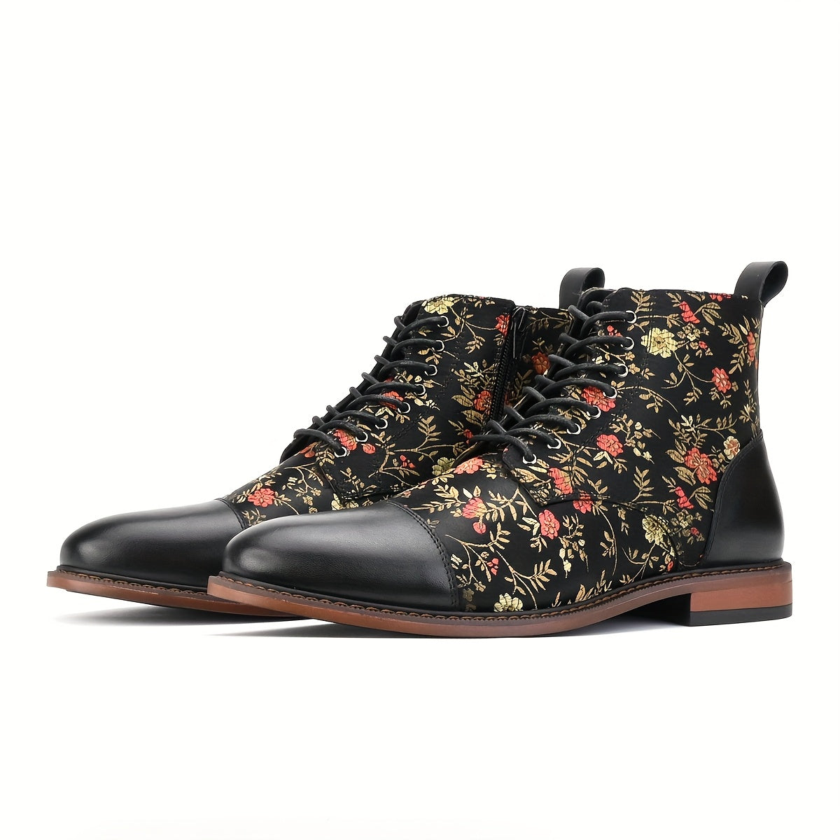 Men's Retro Boots with Floral Embroidery, Black Ankle Boots, Casual & Stylish for All Seasons, Round Toe & Rubber Sole, Perfect for Hiking, Outdoor, and Casual Attire