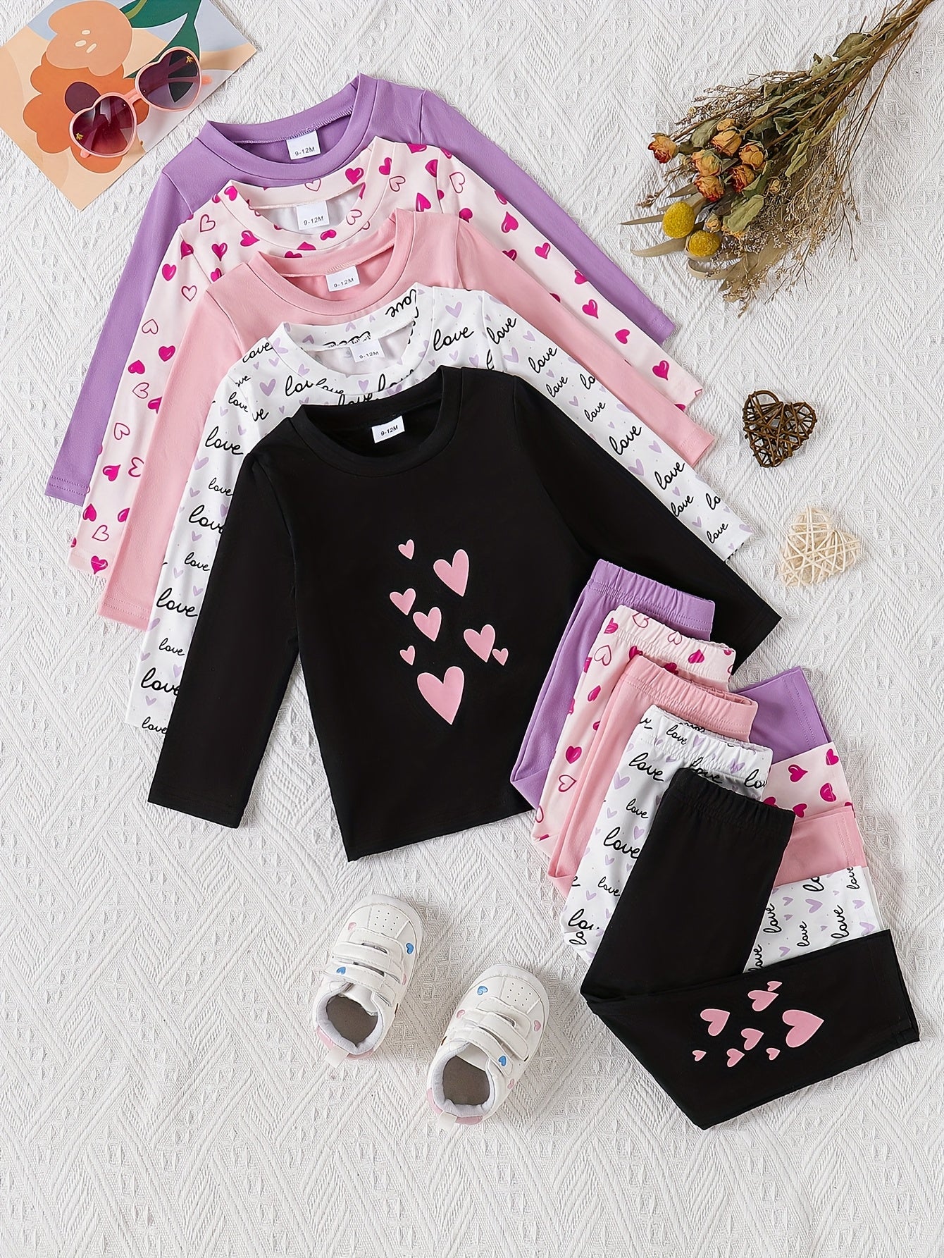 10pcs Baby Girls' Casual Long Sleeve & Pants Set - Cute & Heart Print, Soft Stretchy Fabric, Loose Fit, Spring/Fall Outdoor Playwear, Perfect for Daily Wear, for Outdoor