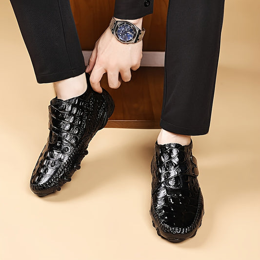 Men's Top-Grain Ankle Boots with Non-Slip Rubber Sole & Hook-and-Loop Closure - Glossy Black Crocodile-like Texture, Round Toe - PU Cushioned - Urban Streetwear, Outdoor Boots (2 Colors: Black/Brown) - Heavy-Duty Casual