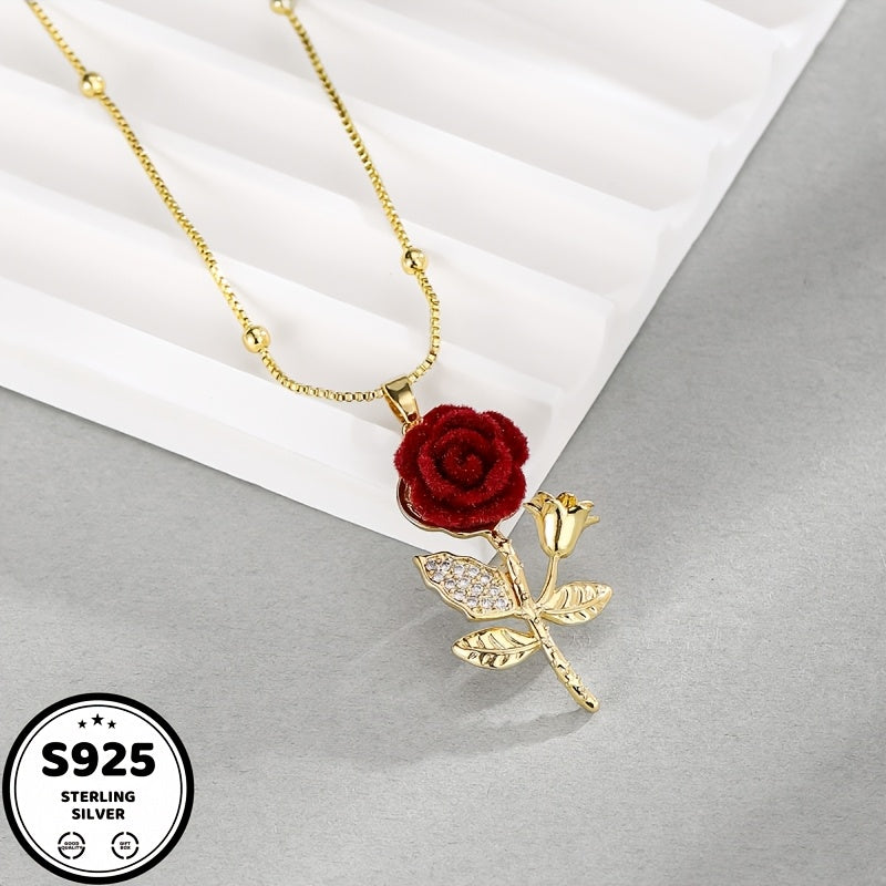 925 Sterling Silvery Red Rose Pendant Necklace, 18K gold plated 18K gold plated-plated Teenager'S Necklace, Chain, Waterproof, Sweat-proof, Inlaid With Synthetic Synthetic Zircon, Daily Wear, Holiday, Birthday, Anniversary