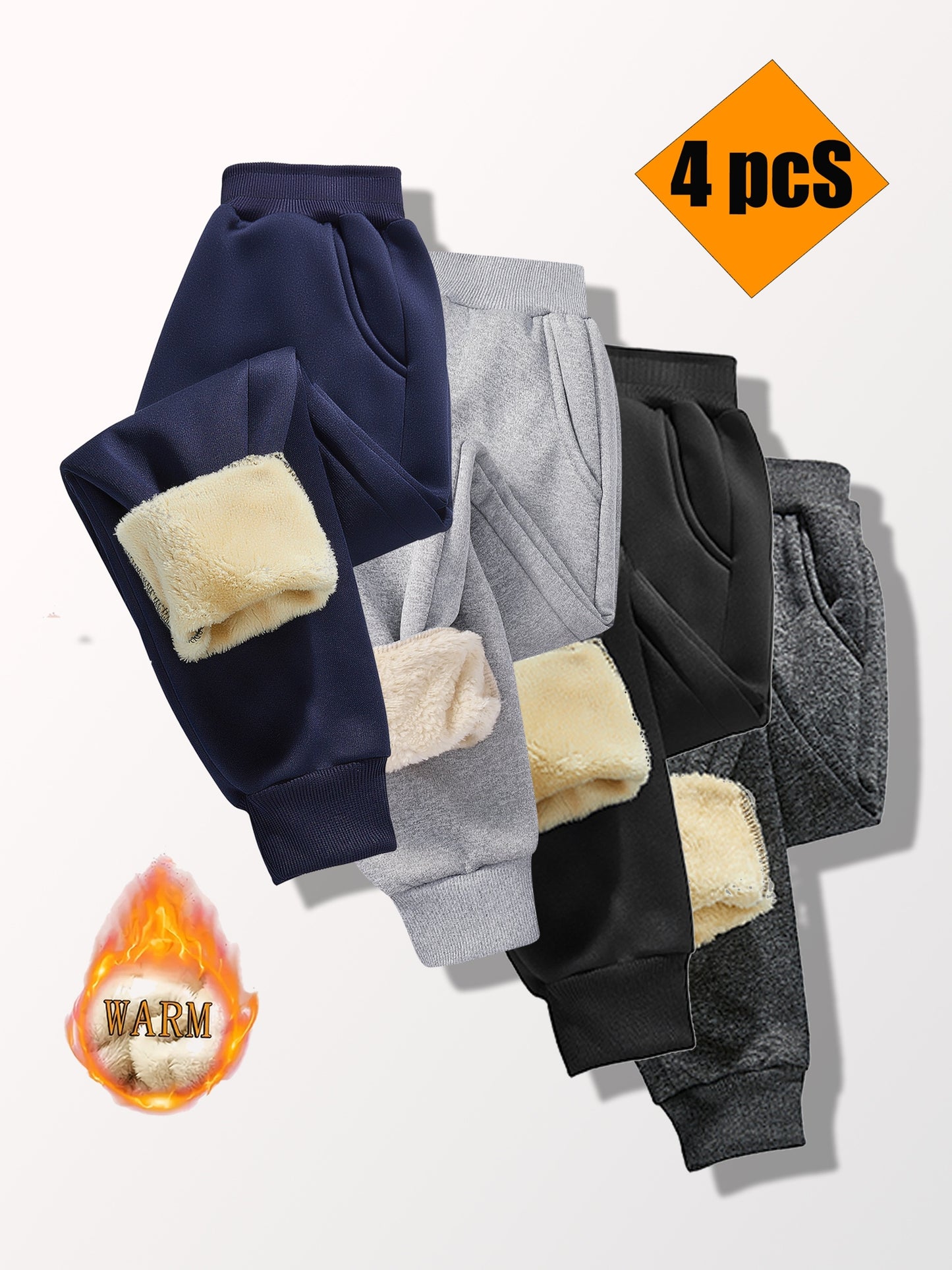 4pcs ' Autumn & Winter -Lined Warm Thickened Cold-Resistant ' Pants, Elastic Waistband, Cuffed Legs, Unisex Style, Perfect for Outdoor, Cold Weather Pants, Cuffed Leg Design, Casual Kids Wear, Thickened Fabric, Cozy Winter Ma