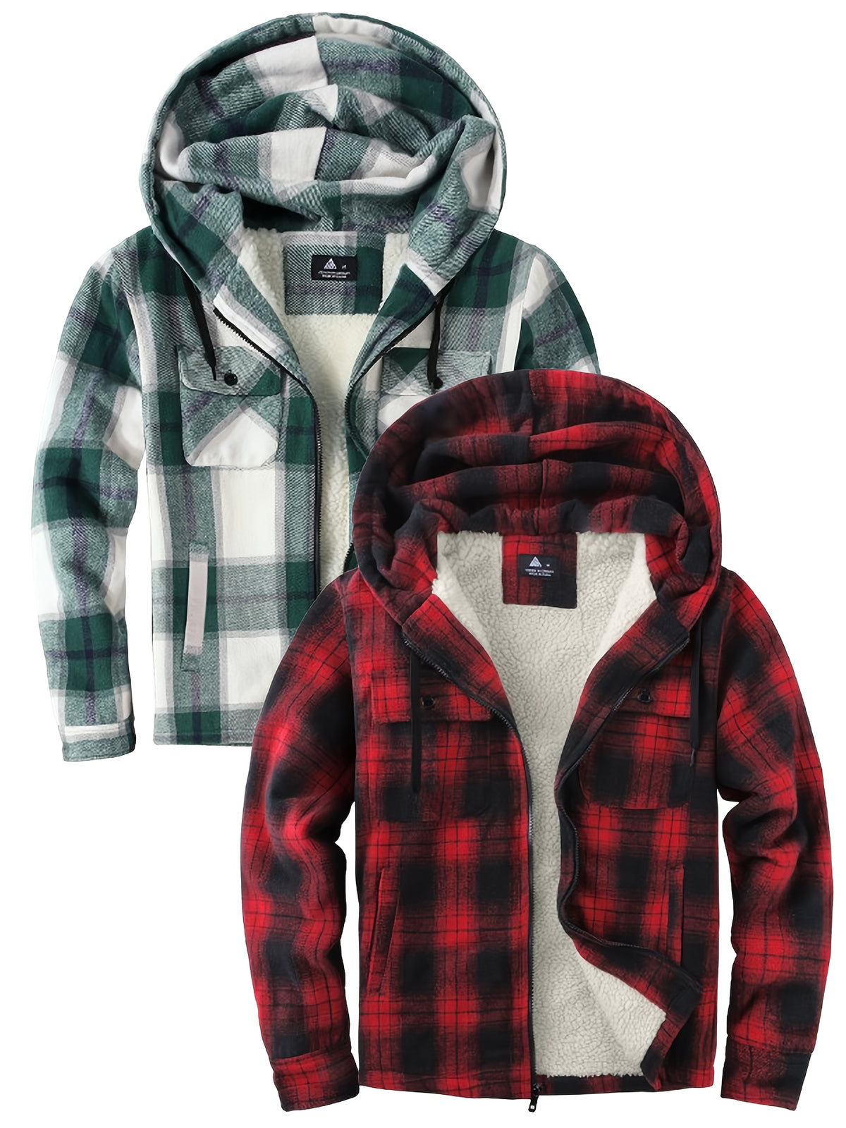 2pcs Men's Heavy Duty Sweater Hooded Jacket - Fully Zipped Thick Snow Mountain Lined Flannel Plaid Shirt with Pockets, Casual Style, Perfect for Fall And Winter, Hooded Collar, Regular Fit, Plaid Pattern, Men's Jacket, Cold W