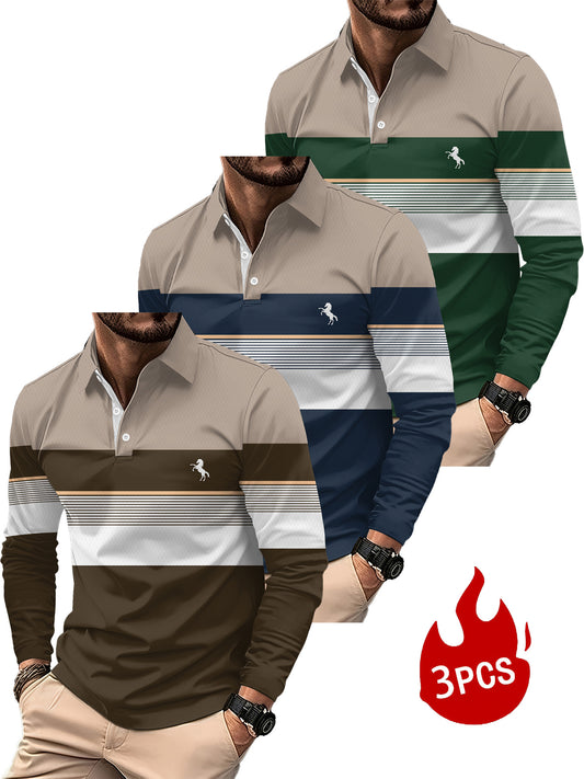 3pcs set • Men's long-sleeved shirt with 3D printed casual golf shirt • Striped design and English logo pattern • Sporty style • Men's long-sleeved shirt