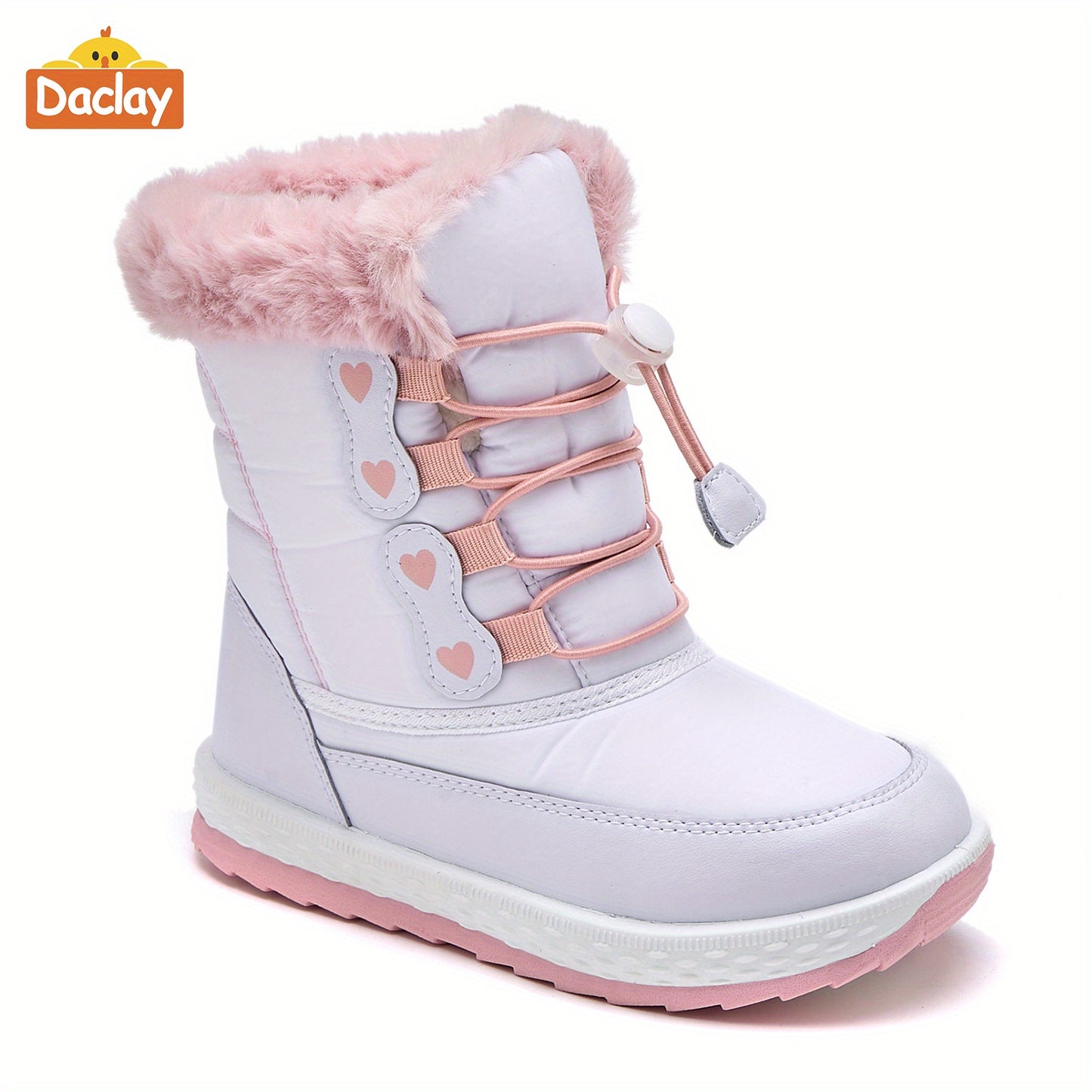 DACLAY Youngsters' Fleece-Lined Winter Boots - Slip-On Mid-Calf Snow Boots with Heart Patterns, Soft Fabric & Synthetic Synthetic, All-Season Casual Outdoor Shoes for Boys & Girls, Pink & White Design, Youngsters Winter Boots
