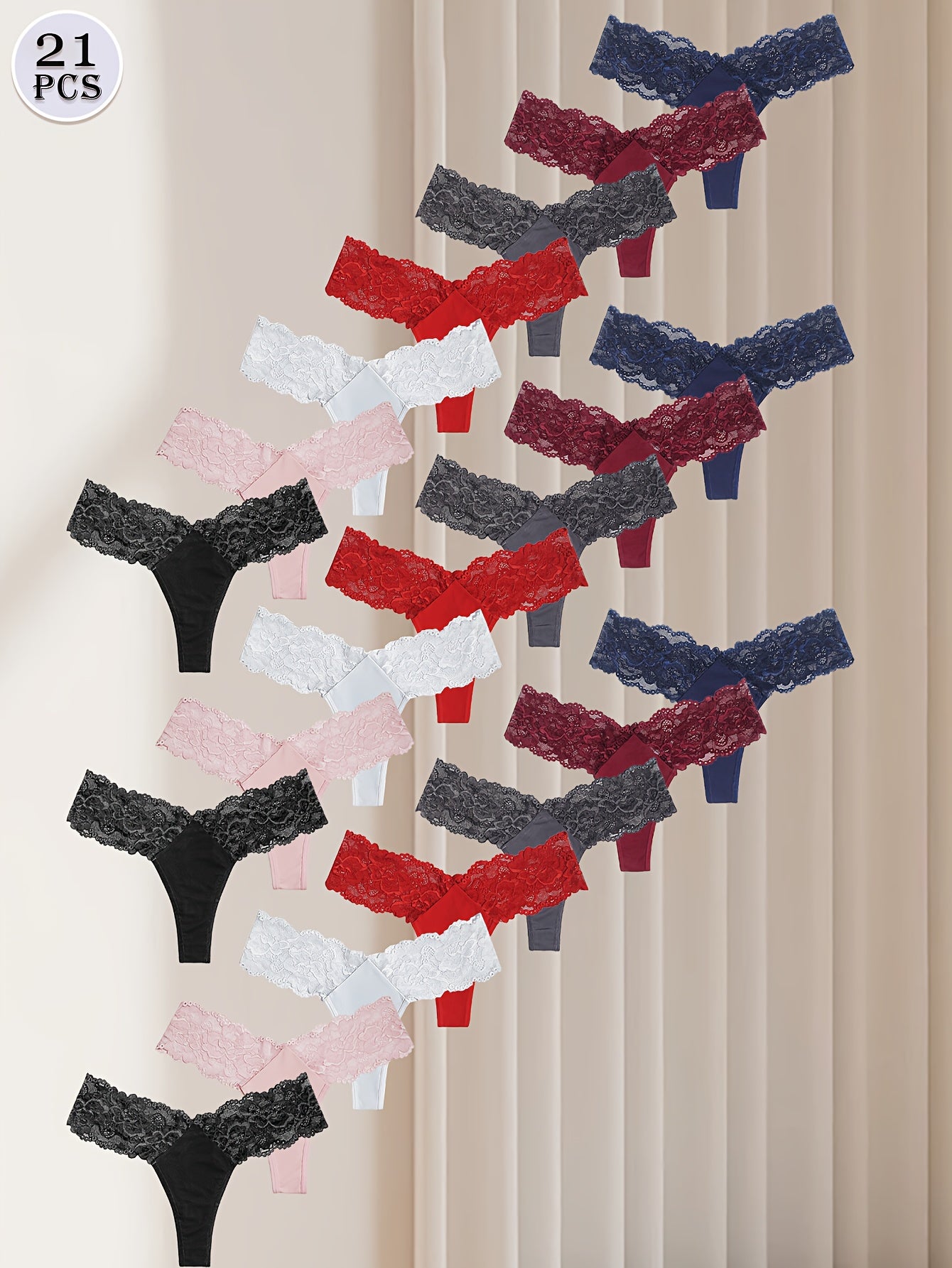 21pcs Women's Sexy Floral Lace Thongs Solid & Multi-Color Fashionable Low-Rise Panties for Women Comfortable & Stretchy, Breathable Soft Fit Elegant Bikini Panties