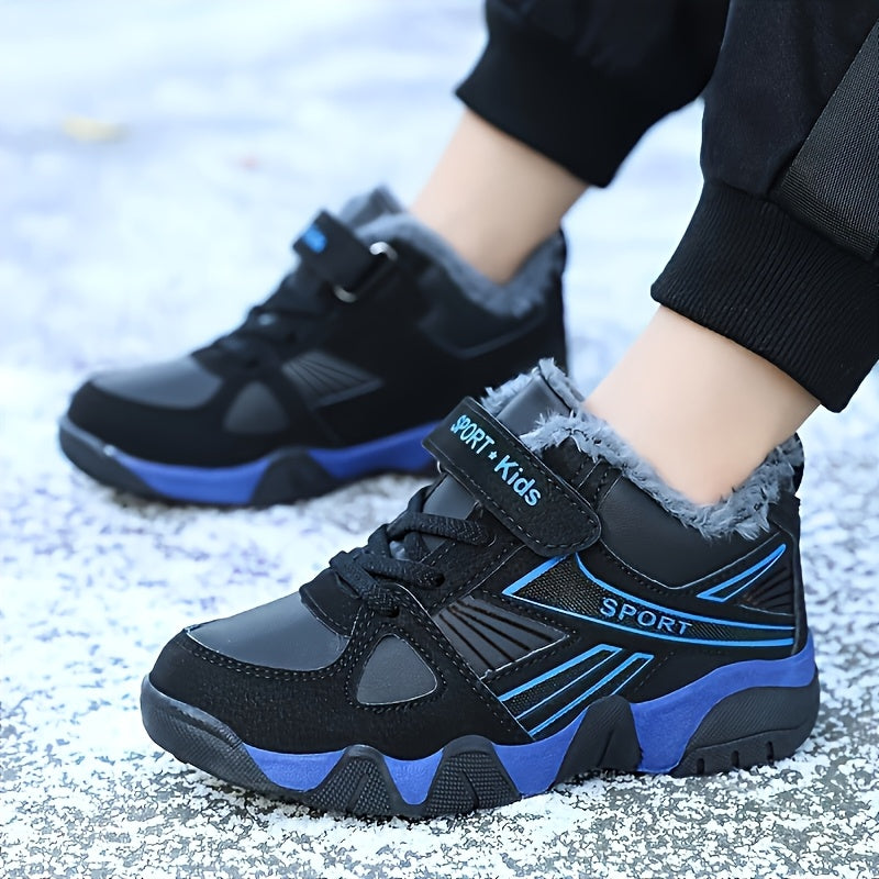 Youngsters' Winter Sports Shoes - Boys & Girls, Low-Top Lace-Up with Closure, Upper & Rubber Sole, Black with Blue Accents, Warm Fleece Lining for Outdoor Activities, Running, Hiking, Casual Wear, Winter Sports Gear | Stylish