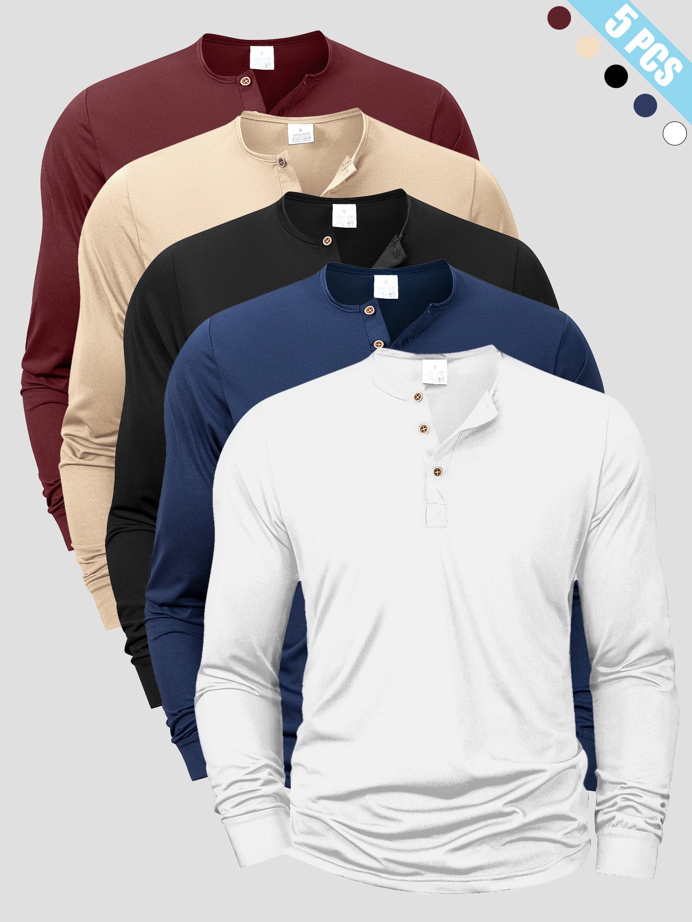 [Men's T-Shirts Set] A Set of Five Versatile Men's T-Shirts Featuring a Henley Style, with a V-Neck Design And Buttoned Half-Open Chest. These Long-Sleeve Shirts Are Easy Yet Stylish, Perfect for Everyday Casual Wear, Sports,