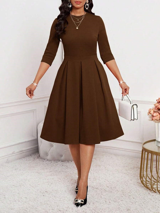 Women's A-Line Solid Color Pleated Mid-Length Dress - Winter Warm Office Commuting Dress with Round Neck Short Sleeve, Machine Washable Dress for, Casual & Semi-Formal Events (Available in Multiple Colors)