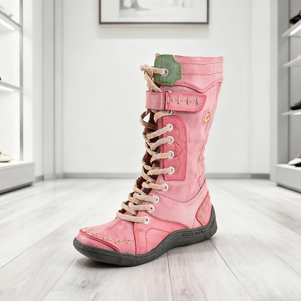 TMA EYES 's All-Season Round Toe Knee-High Boots - Cover-like (Gallina) Upper, TPR Sole & Zipper Closure, Lace-Like Tendon Strap - Multi-Color (Grey/Beige/Brown/Black) - Casual & Casual Attire, Round-Toe Ankle