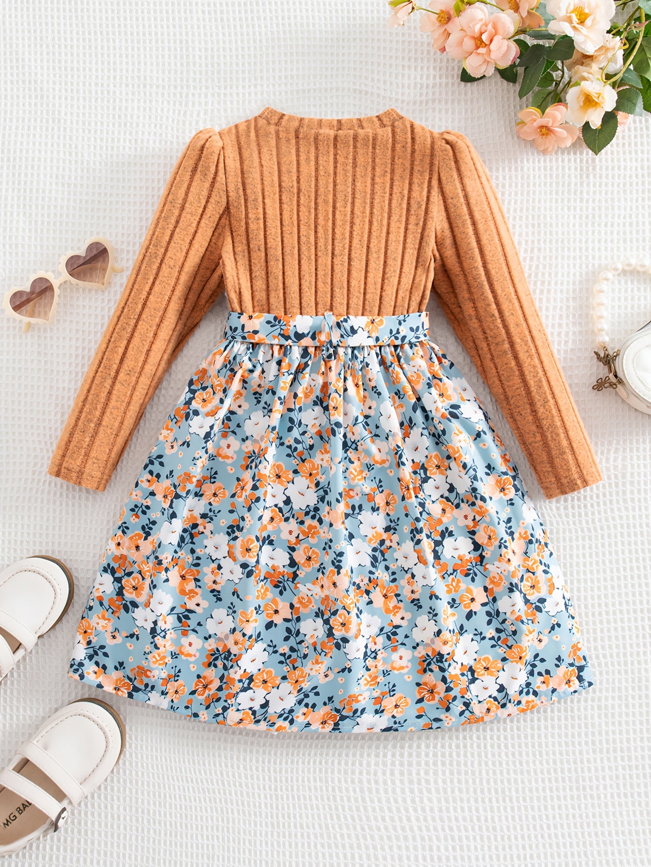 Girls' Long Sleeve Floral Print A-Line Dress with Belt - Pastoral Style Knit Patchwork Skirt, Round Neck Winter Warmth, Machine Washable Cozy Dress for Parties, Everyday & Vacation | Spring/Fall/Winter Outfits with Ruffled He