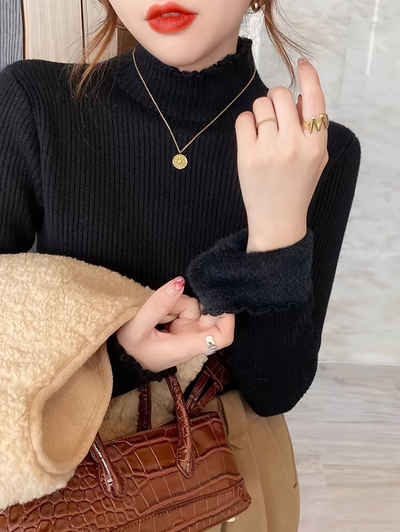 Solid Color Autumn Winter Early Spring Half High Neck Ruffle Fleece Lined Knit Sweater