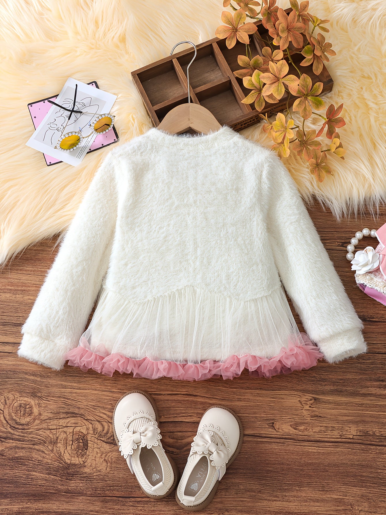Girls' White Faux Fur-Lined Cardigan with Pink Tulle Skirt - Long Sleeve Button-Up Jacket, Round Neck Casual Winter Coat for Fall & Winter, Soft & Stylish Outerwear for Youngsters, Winter Coat for Girls, Fall Winter Apparel,