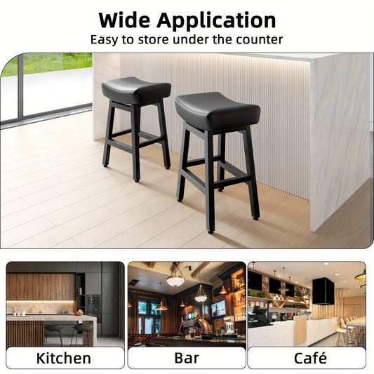 [Heavy Duty Bar Stools] 3pcs Heavy Duty Counter Height Bar Stools | 24" Bonded Leather Kitchen Stools With 4" Thick Saddle Seats & Metal Base, Black/Brown