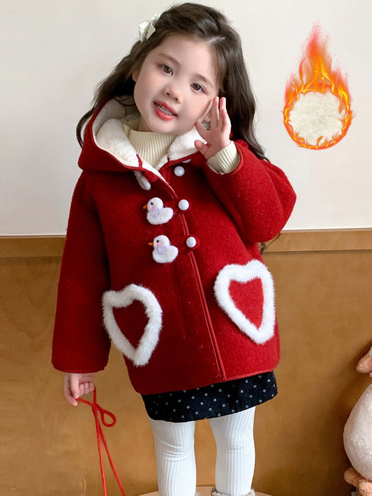 Girls' Winter Coat with Hood - Thickened Warm Outerwear, Red Cold Weather Jacket, Handmade Large Bow & Pockets for Everyday & Formal Events - Elegant 'uterwear, Seasonal Fashion, Stylish ' Wear, Embroidered Details, Cozy Flee