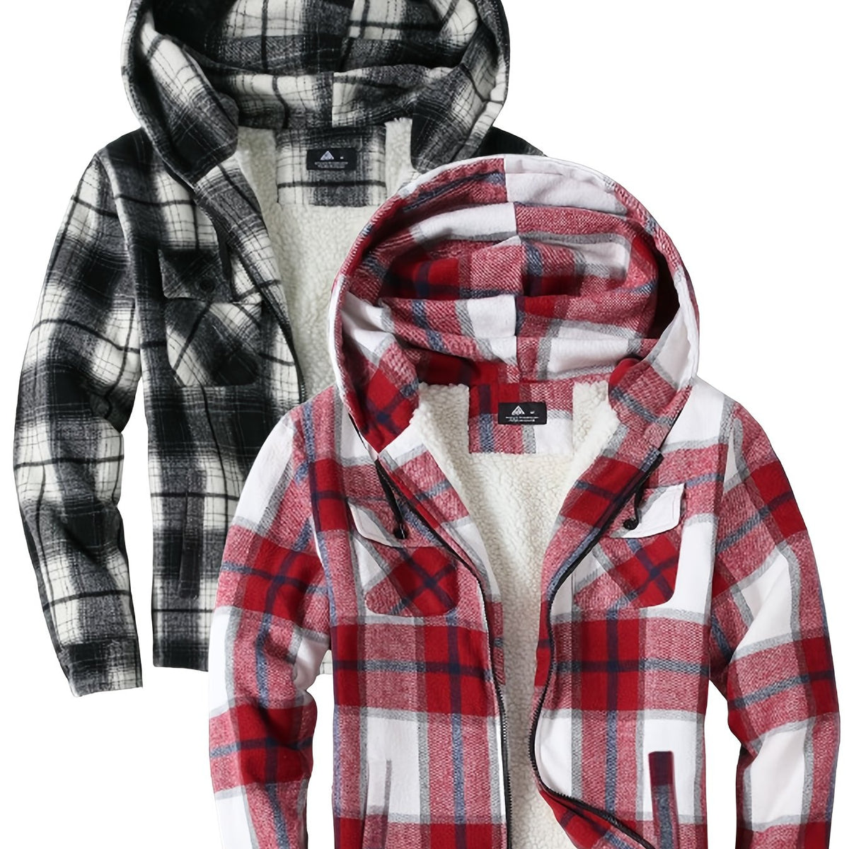 2pcs Men's Heavy Duty Sweater Hooded Jacket - Fully Zipped Thick Snow Mountain Lined Flannel Plaid Shirt with Pockets, Casual Style, Perfect for Fall And Winter, Hooded Collar, Regular Fit, Plaid Pattern, Men's Jacket, Cold W